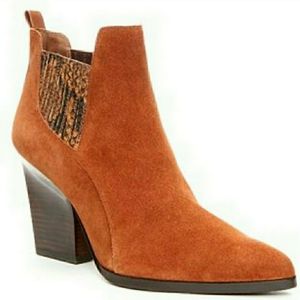 leather booties with heel and snakeskin detailing